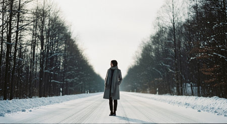 A solitary figure walking on a snow-covered road surrounded by trees in winterの素材