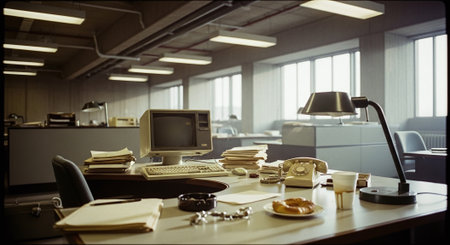 A vintage office scene featuring a cluttered desk with a computer, telephone, and snacks, surrounded by filing cabinets and large windowsの素材