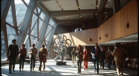 A group of professionals walking through a modern office lobby with large windows and a contemporary sculptureの素材