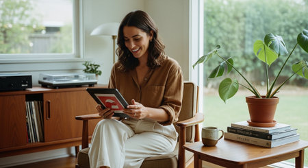 A woman sitting in a cozy living room, smiling while using a tablet. She is dressed casually in a brown shirt and white pants, with a plant and a coffee cup nearby.の素材