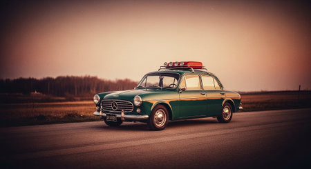 A vintage green and gold car with a red light on top parked on a rural road during sunsetの素材