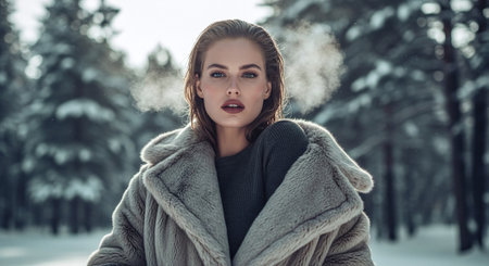 A woman in a cozy fur coat standing in a snowy forest, with a serene expression and mist from her breath visible in the cold airの素材
