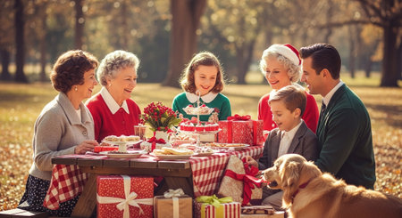 A festive outdoor gathering featuring a family celebrating Christmas with a picnic table filled with holiday treats, gifts, and a golden retriever dogの素材