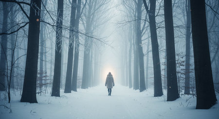 A solitary figure walking through a snowy forest, surrounded by tall trees shrouded in fog, creating a mysterious and serene atmosphereの素材