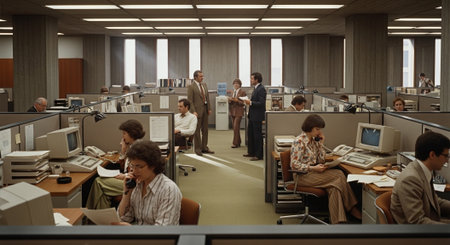 A busy 1970s office environment with cubicles, people working at desks, using phones and computers, and engaging in discussionsの素材