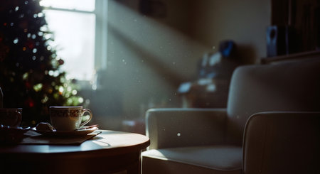 A cozy living room scene with a cup of tea on a table, sunlight streaming through a window, and a Christmas tree in the backgroundの素材
