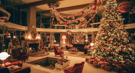 A beautifully decorated living room for Christmas, featuring a large Christmas tree adorned with colorful ornaments, garlands hanging from the ceiling, cozy seating, and a warm fireplaceの素材