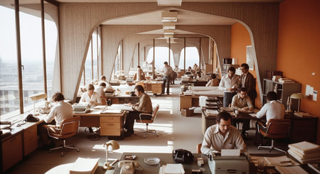 A vintage office interior with large windows, featuring multiple desks, typewriters, and people working in a collaborative environmentの素材