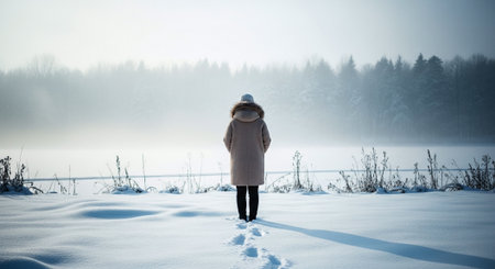 A person standing in a snowy landscape, wearing a warm coat, with a serene winter scene in the background, foggy atmosphere, trees in the distanceの素材