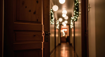 A cozy hallway decorated for the holidays, with soft lighting and festive ornamentsの素材