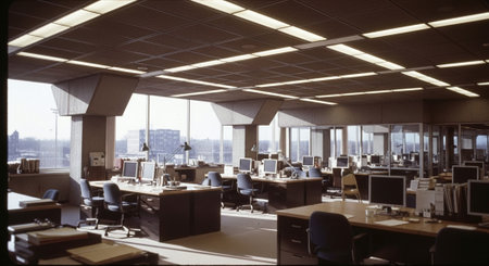 A spacious modern office interior with large windows, featuring multiple desks, computers, and ergonomic chairs, well-lit with natural lightの素材