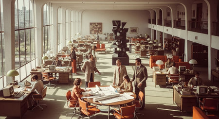 A spacious, retro office environment with large windows, featuring people engaged in discussions and working at desks with computers and blueprintsの素材
