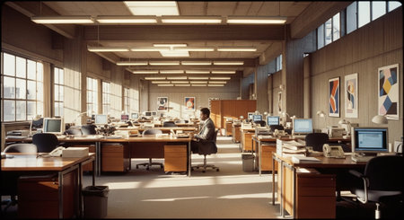 A spacious modern office with large windows, featuring multiple desks, computers, and office equipment. A lone man sits at a desk, surrounded by an organized workspace and colorful wall art.の素材