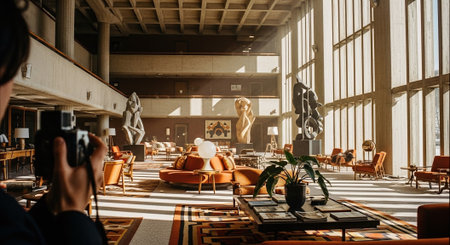 A modern interior of a spacious lobby with large windows, featuring contemporary sculptures, stylish furniture, and a warm color paletteの素材