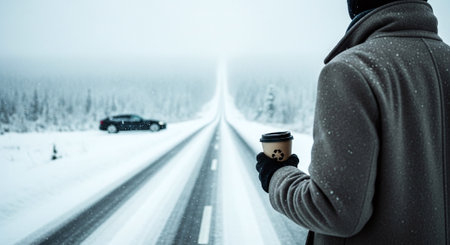 A person standing on a snowy road holding a coffee cup, with a car in the background and a foggy atmosphereの素材