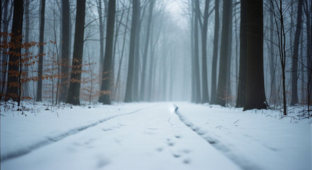 A serene winter forest scene with snow-covered ground, tall trees, and a misty atmosphereの素材