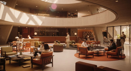 A modern, spacious lobby with circular architecture, featuring comfortable seating areas, people engaged in conversation and work, and large windows allowing natural light to flood inの素材