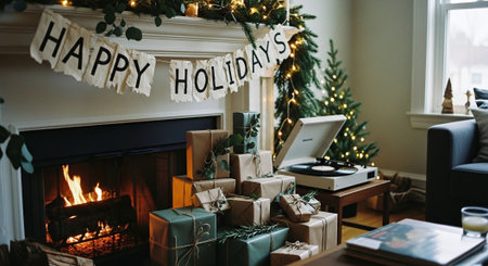 A cozy living room decorated for the holidays, featuring a fireplace with a warm fire, a banner that says happy holidays, and beautifully wrapped gifts under a Christmas treeの素材