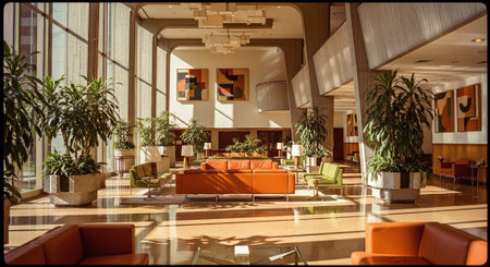 A modern lobby with large windows, featuring orange and green furniture, potted plants, and abstract art on the wallsの素材