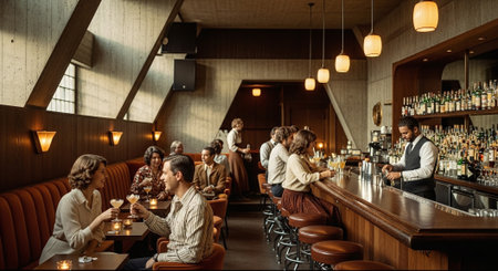 A stylish bar scene with patrons enjoying drinks, featuring a bartender mixing cocktails, warm lighting, and a cozy atmosphereの素材