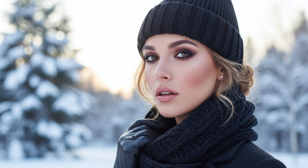 A young woman in winter attire, wearing a black beanie and scarf, with a snowy background, showcasing a serene expression and elegant makeupの素材