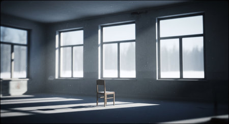 A solitary wooden chair in an empty room with large windows, sunlight streaming in, creating shadows on the floor, winter scenery visible outsideの素材