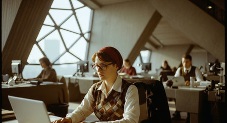 A woman working on a laptop in a modern office with geometric architecture, surrounded by colleagues, warm lightingの素材