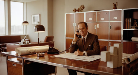 A businessman in a vintage office setting, sitting at a desk with blueprints and a rotary phone, dressed in a brown suit, with modern furniture and large windows in the backgroundの素材