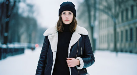 A young woman standing in a snowy street, wearing a black beanie and a warm jacket with a shearling collar, winter sceneの素材