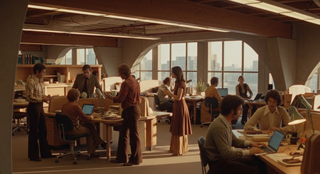 A busy office environment from the 1970s, featuring people working at desks with computers, large windows showing a city skyline, and a mix of formal and casual attireの素材