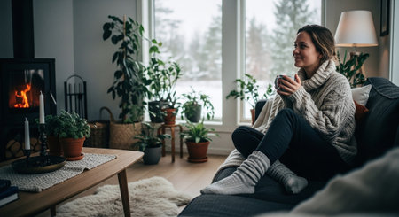 A cozy indoor scene featuring a woman sitting on a sofa, wearing a chunky sweater and holding a cup, surrounded by plants and a fireplace, with snow visible outside the windowの素材