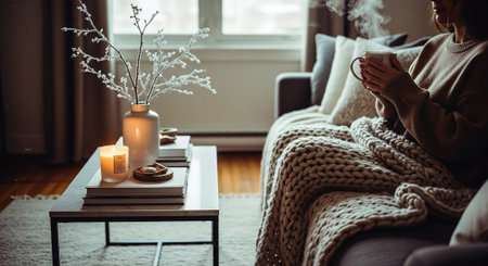A cozy living room with a person holding a warm drink, wrapped in a chunky knit blanket on a sofa. a coffee table has candles, books, snacks, and a decorative branch in a vase nearby.の素材
