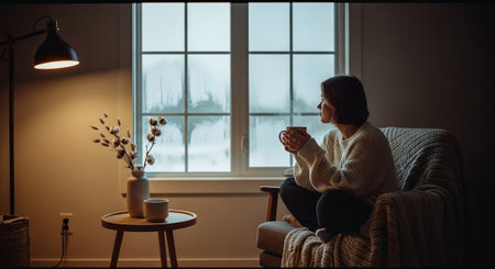 A cozy indoor scene featuring a woman sitting on a chair, holding a cup, gazing out a window with condensation, warm lighting from a lamp, and decorative elements like a vase with flowersの素材