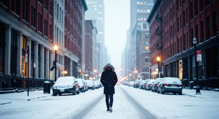 A person walking alone in a snowy urban street, surrounded by tall buildings, with snow covering the ground and cars parked along the sidesの素材