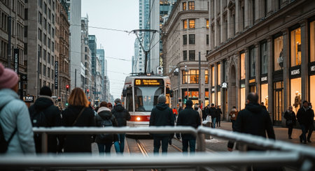 A street scene with a tram approaching, people walking across the street, modern buildings lining the street, urban atmosphere, evening lightの素材
