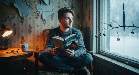A young man reading a book by a window during winter, cozy atmosphere with snow outside, warm light from a lamp, vintage decorの素材