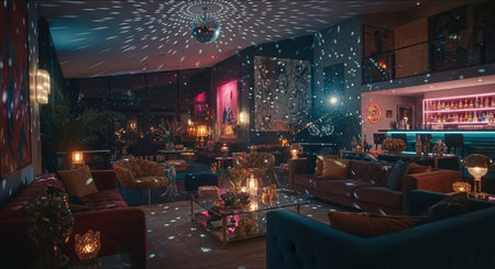 A stylish and vibrant lounge area with disco ball reflections, cozy seating, and ambient lighting, perfect for a party atmosphereの素材