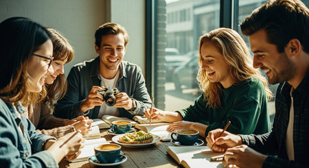 A group of friends enjoying a meal together at a cafe, smiling and engaging in conversation, with food and drinks on the table, natural light coming through the windowの素材