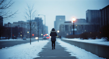 A person walking alone on a snowy sidewalk in a city during twilight, with buildings and streetlights in the backgroundの素材