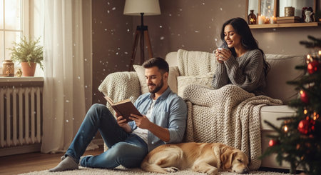 A cozy indoor scene featuring a couple enjoying winter together, with one reading a book and the other sipping a drink, a dog resting nearby, and festive decorationsの素材