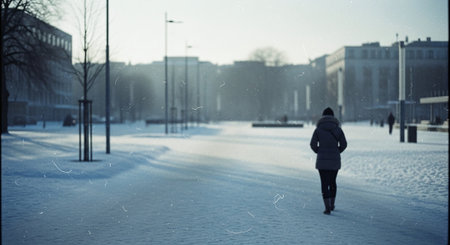 A solitary figure walking on a snow-covered street in a city, with buildings in the background and a foggy atmosphereの素材
