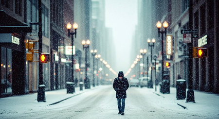 A solitary figure walking down a snow-covered city street during a snowfall, with buildings and streetlights in the backgroundの素材