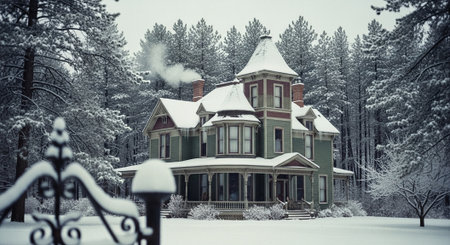 A beautiful Victorian house covered in snow, surrounded by tall pine trees, creating a serene winter landscapeの素材