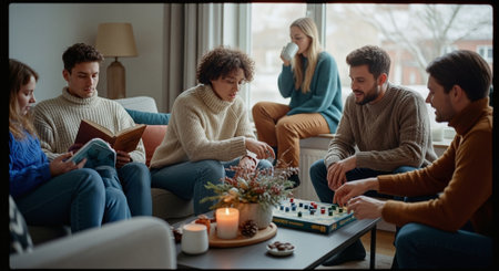 A cozy indoor gathering with friends playing a board game, some reading, and others enjoying drinks, warm sweaters, and a relaxed atmosphereの素材