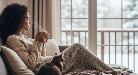 A woman sitting on a couch, holding a mug, looking out a window with a snowy landscape, a cat beside her, cozy atmosphereの素材