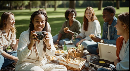A group of friends enjoying a picnic in a park, one woman holding a camera, smiling, surrounded by food and drinks, sunny dayの素材