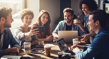 A group of young adults enjoying a casual gathering in a coffee shop, taking selfies and sharing laughter, with laptops and coffee cups on the tableの素材