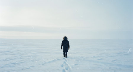 A person walking alone in a vast snowy landscape under a pale skyの素材