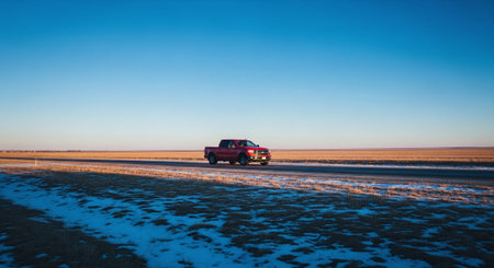 A red pickup truck driving on a rural road with a clear blue sky and open fieldsの素材
