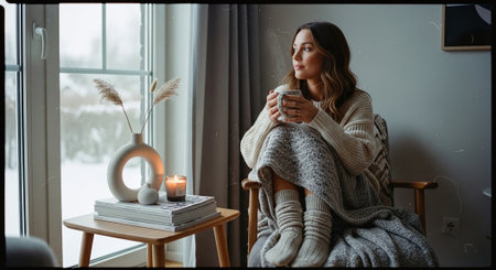 A woman sitting by a window, wrapped in a cozy blanket, holding a cup, with candles and decorative items on a table, snowy landscape outsideの素材